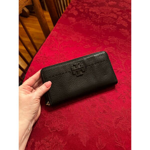 Tory Burch Black Leather & Gold Zip Wallet